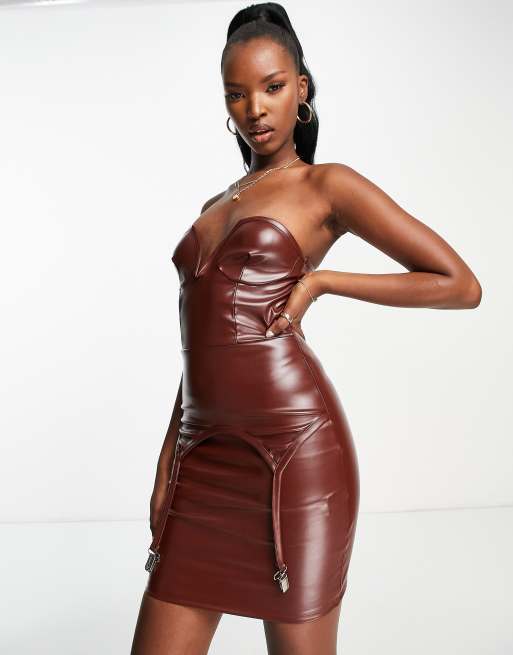 ASYOU - Vestito a corsetto in ecopelle PU marrone con reggicalze, 4 di 4