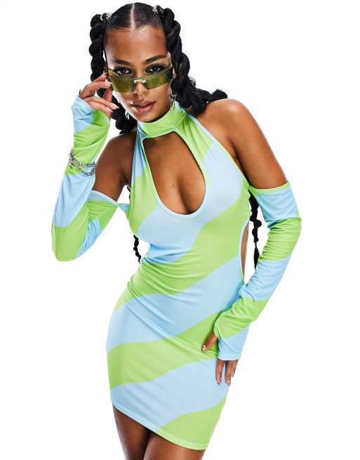 ASYOU - Vestito allacciato al collo blu e verde a righe con cut-out