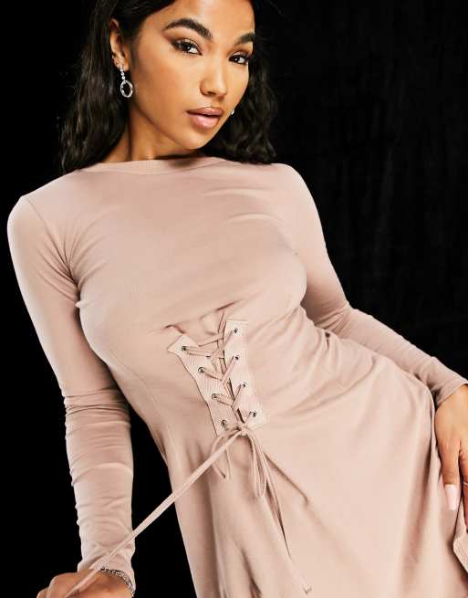 AsYou - Vestito camicia a corsetto allacciato in vita a maniche lunghe, colore marrone