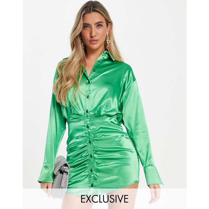Donna tFtZx ASYOU - Vestito camicia in raso verde con arricciatura 