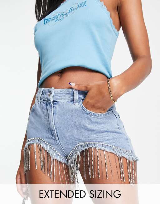 ASYOU waistband denim shorts with diamante fringe (part of a set)