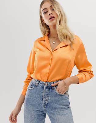 фото Атласная свободная рубашка с длинными рукавами asos design-оранжевый