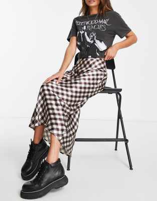 Юбки макси Атласная юбка косого кроя шоколадного цвета в клетку Topshop-Коричневый цвет
