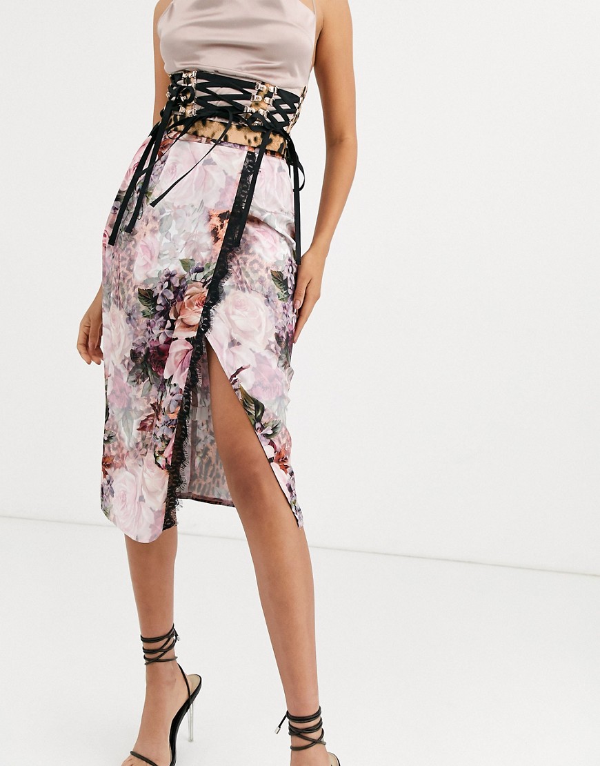 фото Атласная юбка миди с запахом, кружевной отделкой, цветочным и леопардовым принтом missguided-мульти