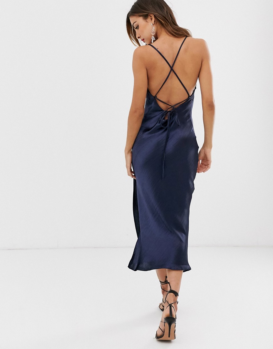 фото Атласное платье-комбинация миди со шнуровкой на спине asos design-синий