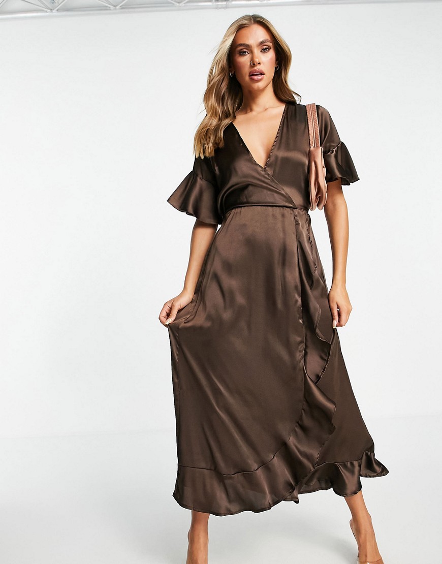 Атласное платье коричневого цвета с запахом для подружки невесты -Коричневый цвет Ax Paris 107239244