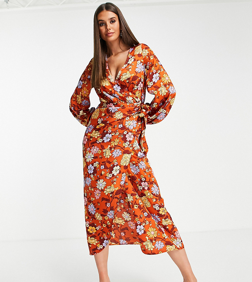 Атласное платье макси с запахом и цветочным принтом в стиле 70-х ASOS DESIGN Tall-Разноцветный Asos Tall 108051035