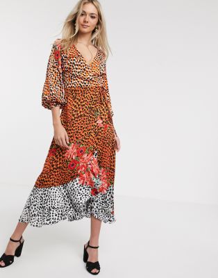 Вечерние платья  Asos Атласное платье макси с запахом и цветочным/звериным принтом Liquorish-Многоцветный