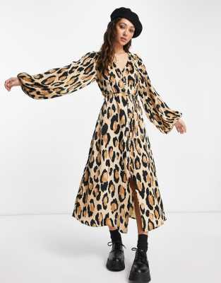 Атласное платье миди с объемными рукавами и звериным принтом Topshop-Разноцветный