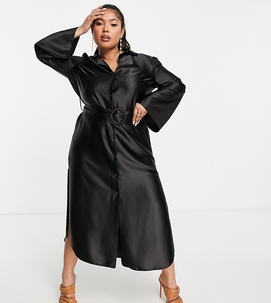 Атласное платье-рубашка миди черного цвета с широкими рукавами и поясом ASOS DESIGN Curve-Черный цвет Asos Curve 107048474