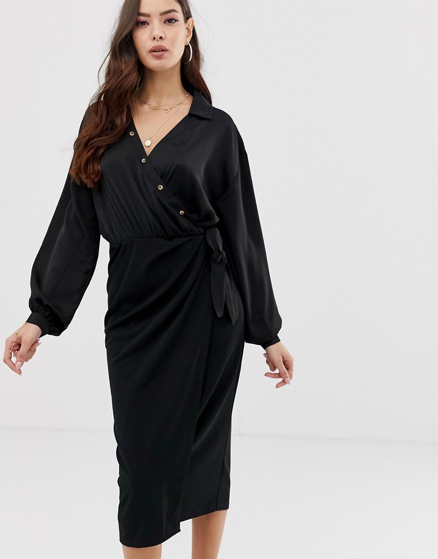 фото Атласное платье-рубашка миди с запахом asos design-черный