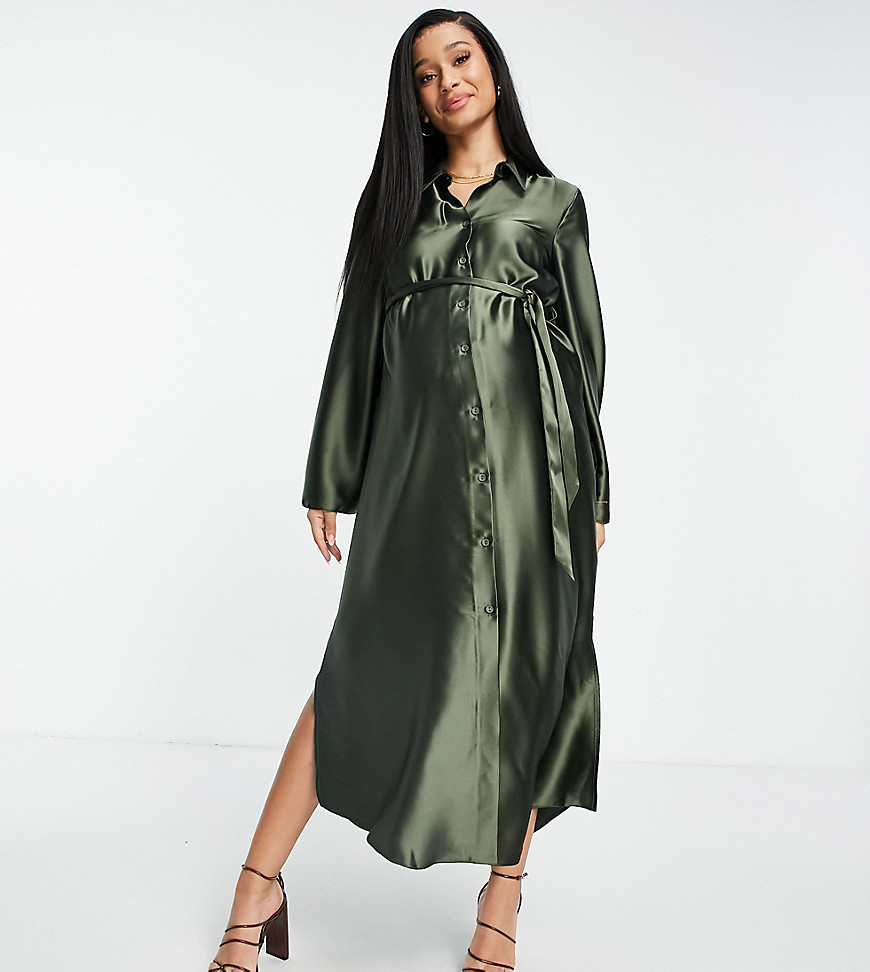 Атласное платье-рубашка миди цвета хаки с широкими рукавами и поясом ASOS DESIGN Maternity-Зеленый цвет Asos Maternity 107048522