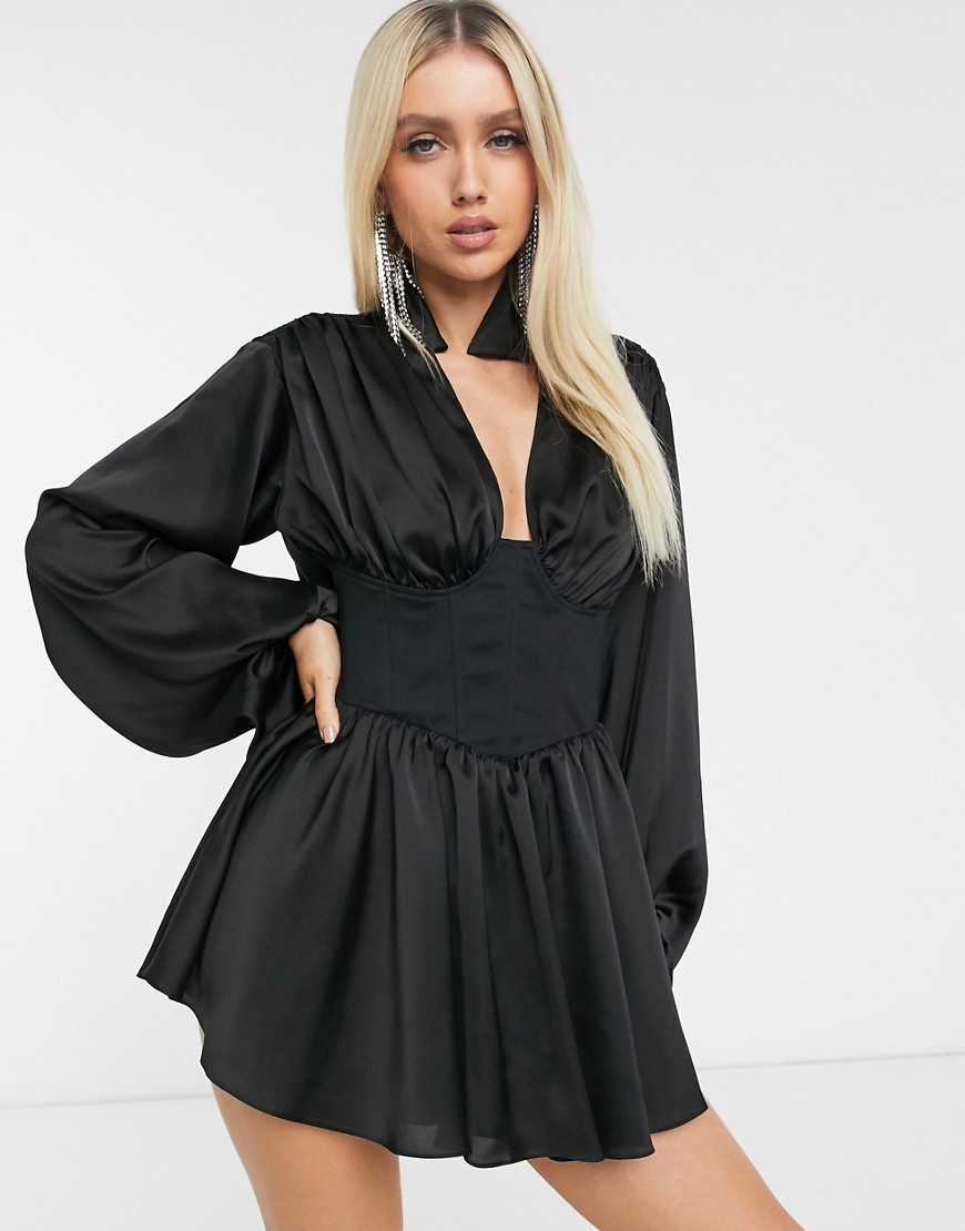 Атласное платье-рубашка мини со свободным воротом на спине и корсетной отделкой на талии ASOS DESIGN-Черный