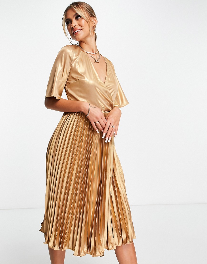 Атласное плиссированное платье миди золотистого цвета -Золотистый Tfnc 108648500