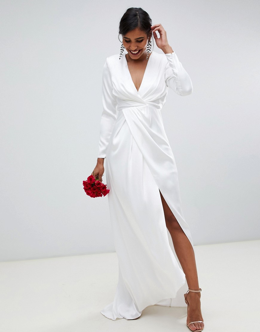 Атласное свадебное платье с глубоким вырезом и запахом ASOS EDITION Sadie-Белый