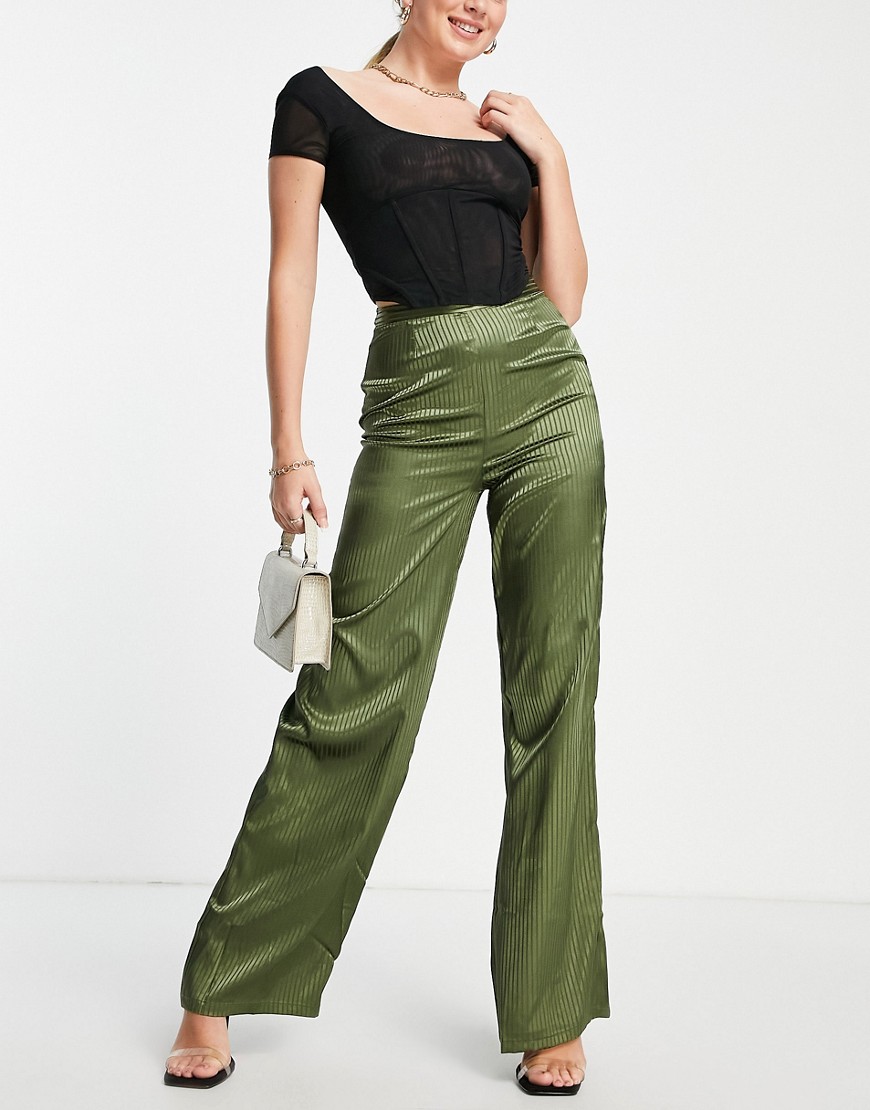 фото Атласные брюки в полоску цвета хаки с широкими штанинами от комплекта из 3  предметов skylar rose-зеленый цвет