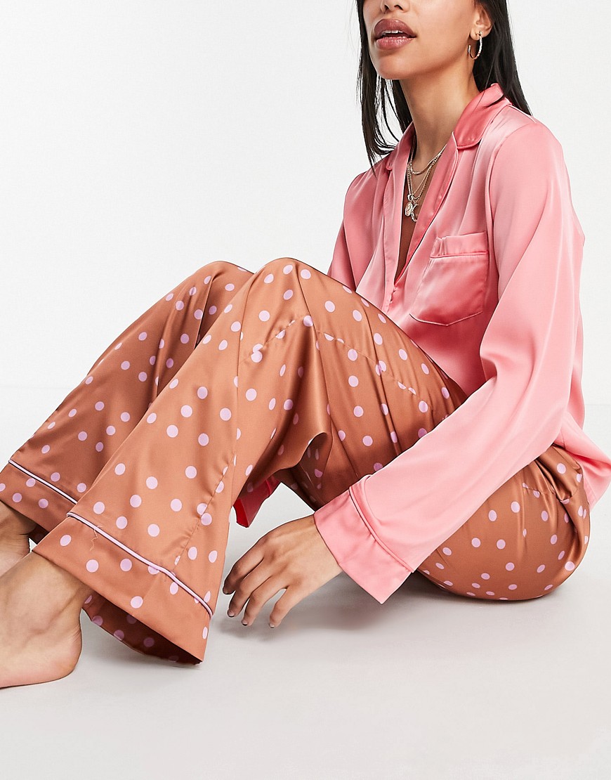 Атласные пижамные брюки коричневого цвета в розовый горошек «Выбирай и комбинируй»-Коричневый ASOS DESIGN 11248419