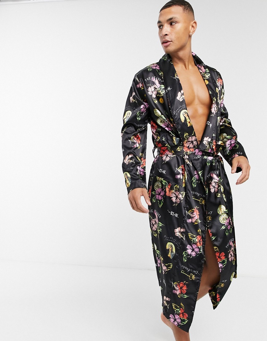 Атласный халат с цветочным принтом от комплекта ASOS DESIGN-Черный цвет