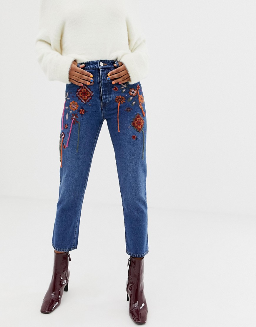 Autentiske Florence-jeans med lige ben i støvet mellemblå med hængende broderi fra ASOS DESIGN
