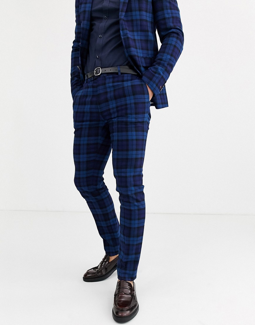 Avail London – Blå, skotskrutiga kostymbyxor med extra smal passform