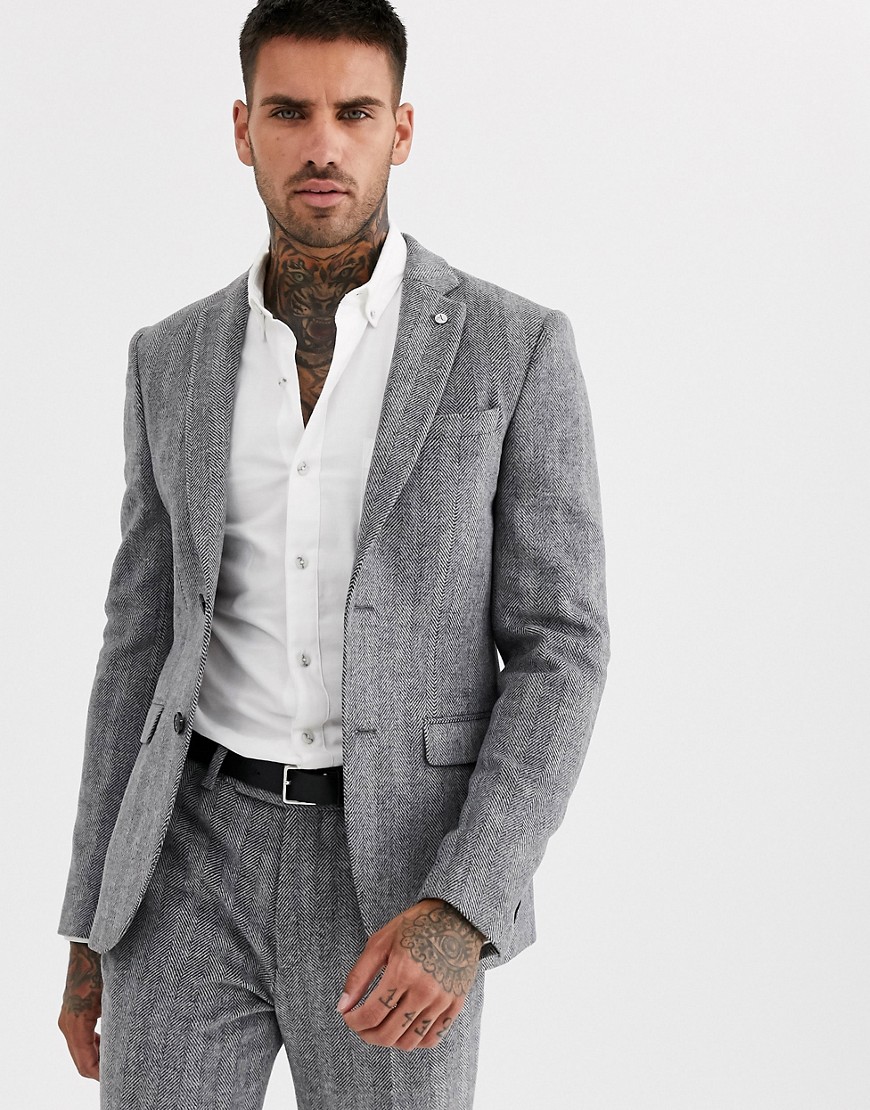 Avail London - Giacca da abito skinny in tweed grigio a spina di pesce