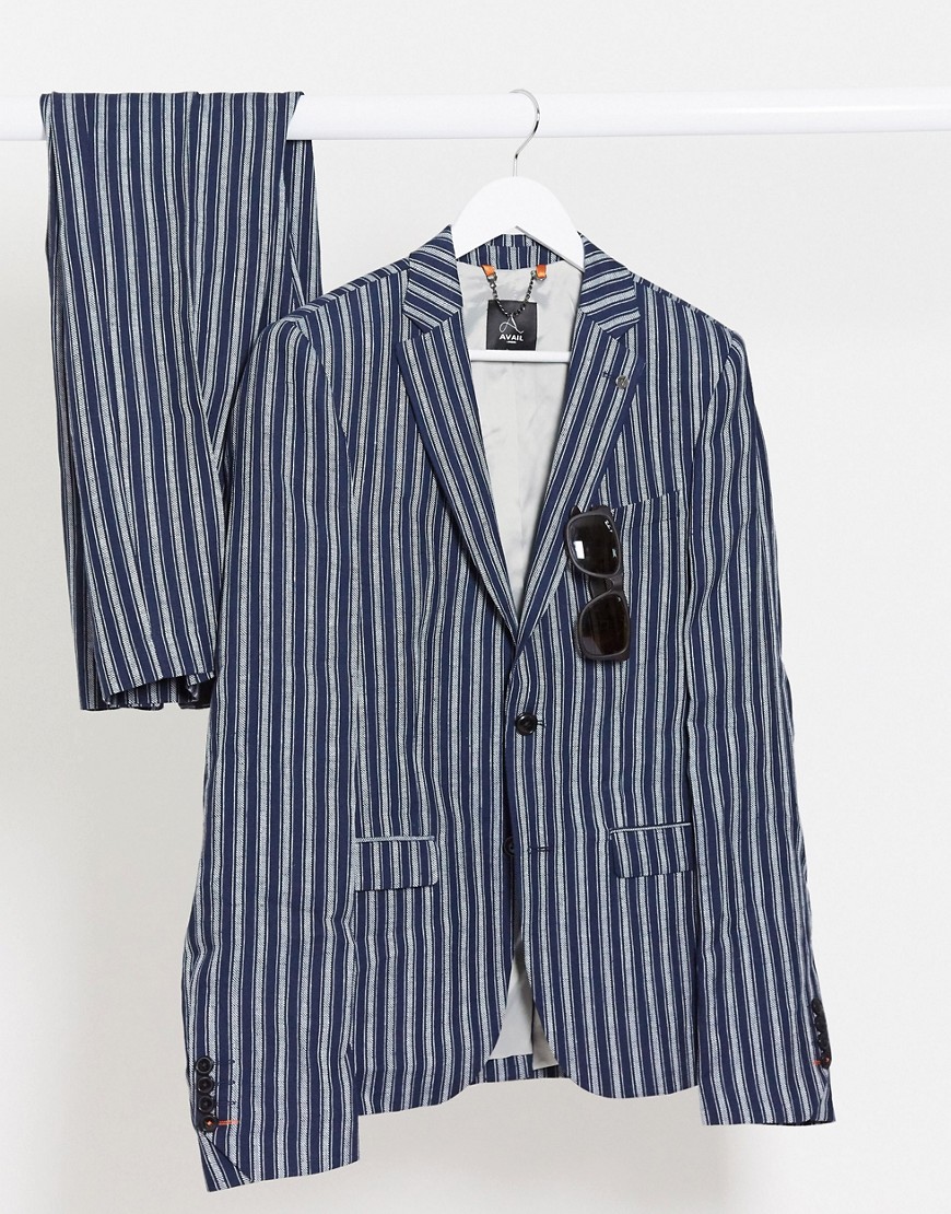 Avail London – Mörkblå, randig linnekavaj med extra smal passform, del av kostym-Marinblå