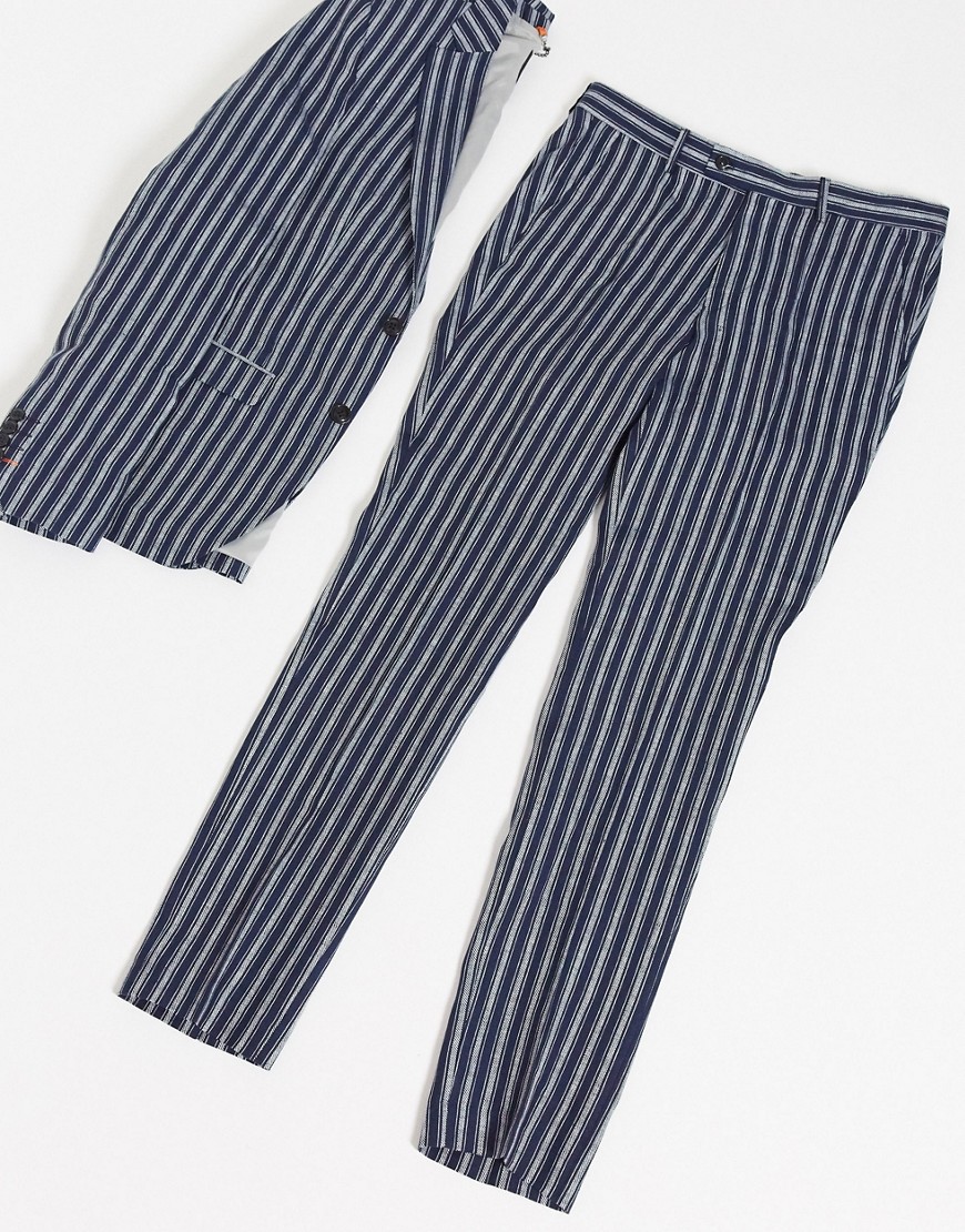 Avail London – Mörkblå randiga kostymbyxor i linne med extra smal passform-Marinblå