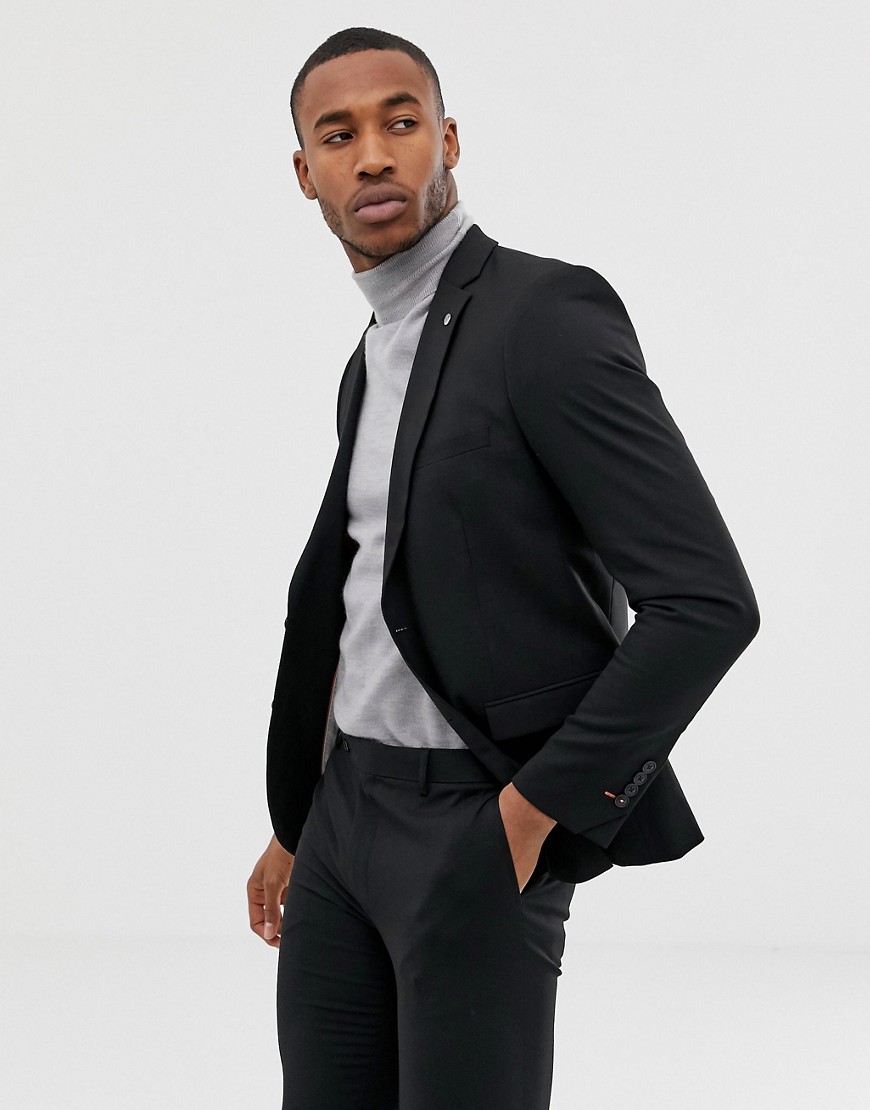 Avail London single breasted skinny suit jacket in black