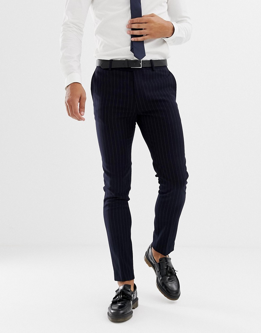 Avail London – skinny fit kritstrecksrandig marinblå kostymbyxor
