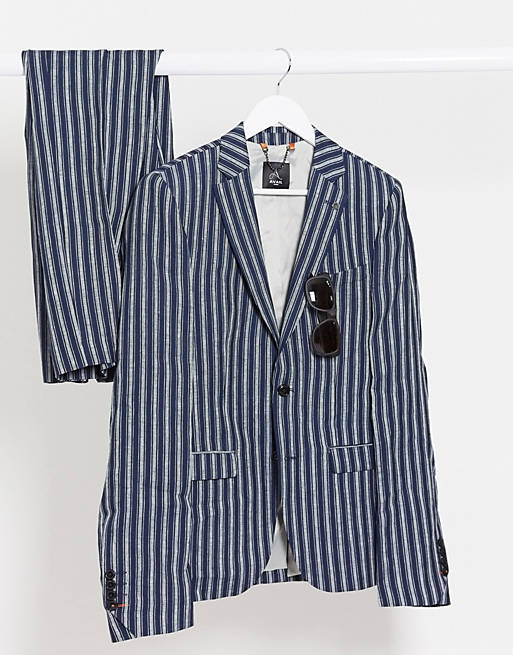 Suits Avail London skinny fit linen suit jacket in navy stripe 