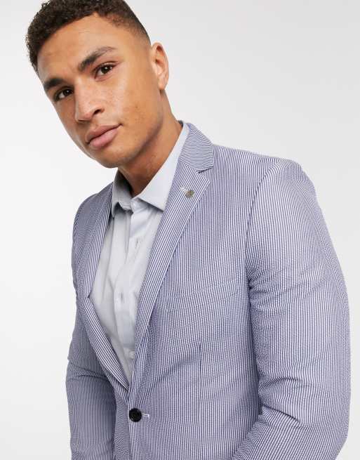 Avail London skinny fit seersucker suit jacket in blue stripe | ASOS