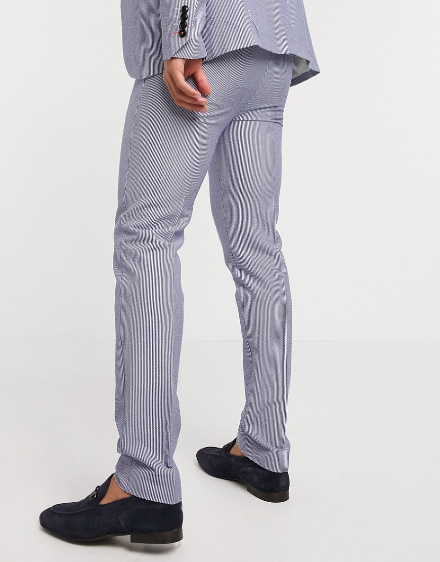 Avail London skinny fit seersucker suit trousers in blue stripe