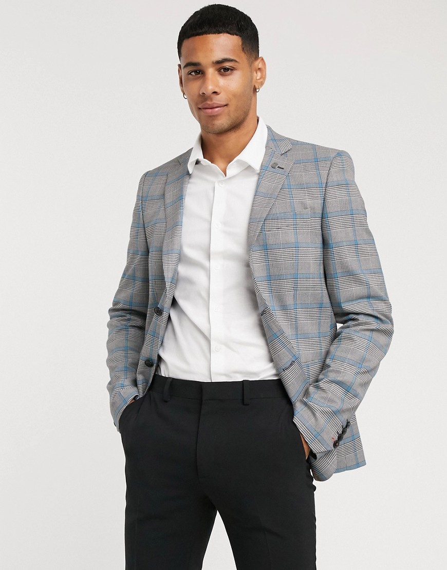 Avail London skinny fit suit jacket in gray prince of wales plaid with blue stripe-Grey
