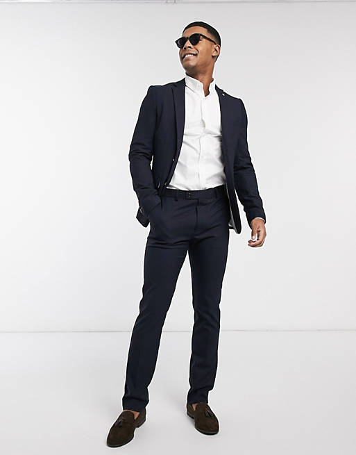  Avail London skinny fit suit jacket in navy with gold buttons 