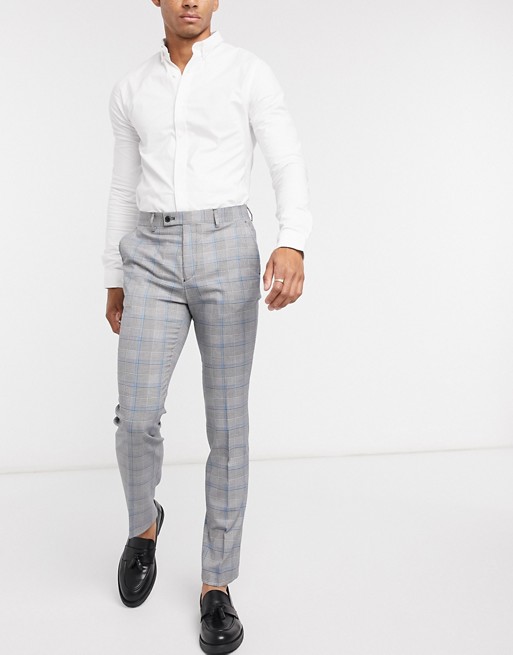 Avail London skinny fit suit trousers in grey prince of wales check with blue stripe
