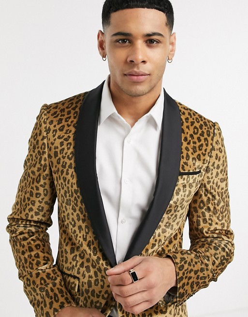 Avail London skinny fit tuxedo jacket in gold leopard print