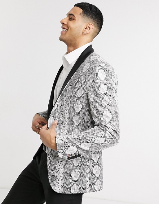 Avail London skinny fit tuxedo jacket in snakeskin print