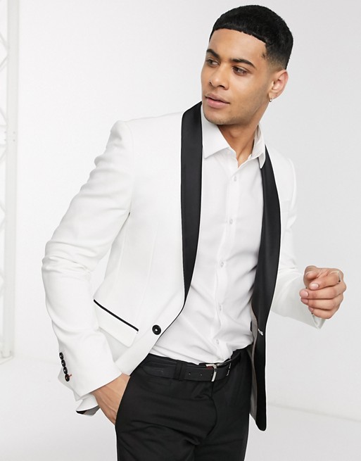 Avail London skinny fit tuxedo jacket in white