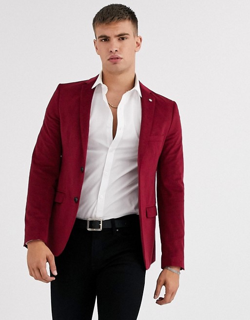 Avail London skinny suit jacket in burgundy velvet