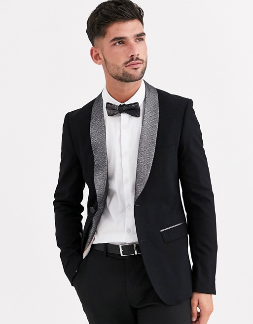 Avail London skinny tuxedo jacket in black with silver shimmer lapel
