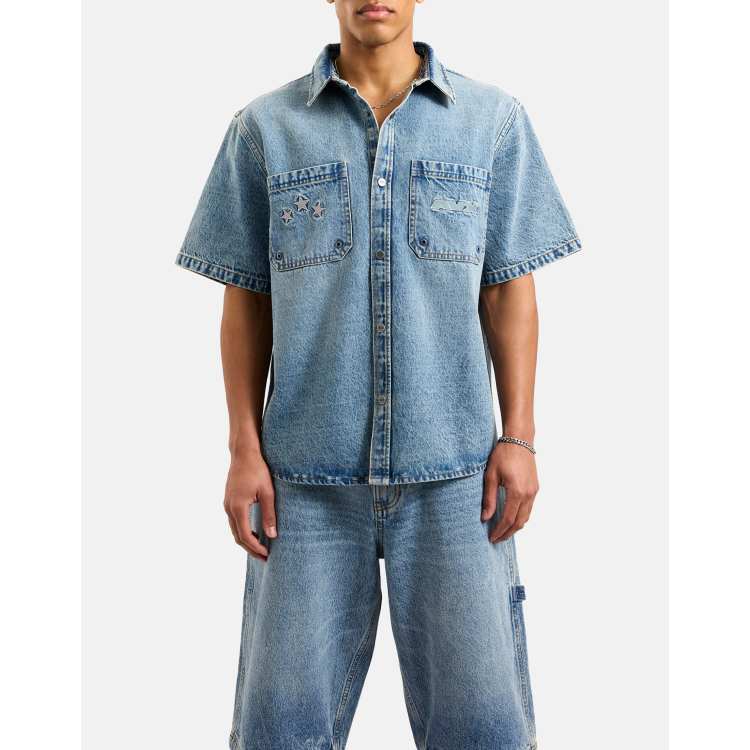 トップス ASSASSYN JEANZ short sleeve shirt XXXL AVX Cruise denim short sleeve shirt in mid denim blue | ASOS