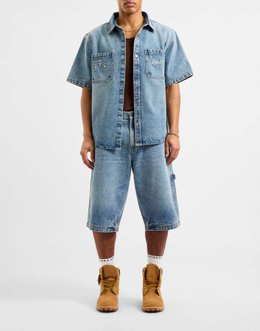AVX Dam denim 3/4 length shorts in light denim blue in mid denim blue, 2 of 4