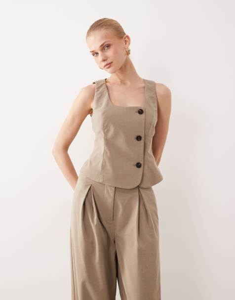 AWARE asymmetric button waistcoat co-ord in beige melange - view 1