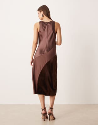 Aware Asymmetric Mixed Texture Satin Midi Dress In Multi