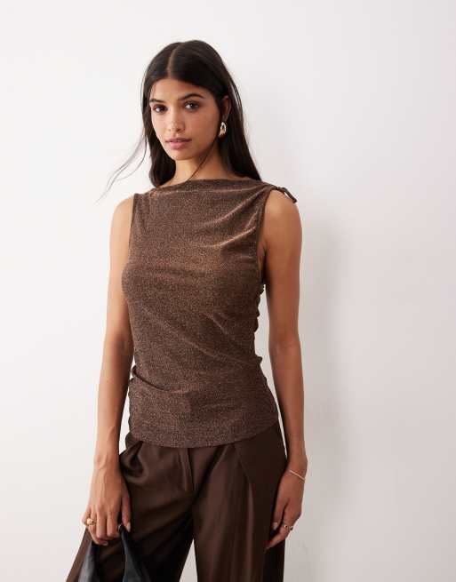AWARE asymmetric tie shoulder detail glitter top in black and copper