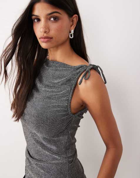 AWARE asymmetric tie shoulder detail glitter top in black and silver