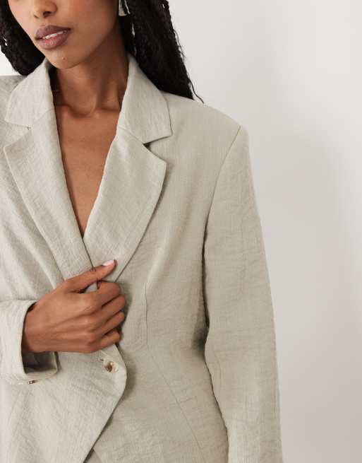 AWARE - Asymmetrische blazer van linnenmix en één knoop in neutraal, deel van co-ord set, 3 van 4