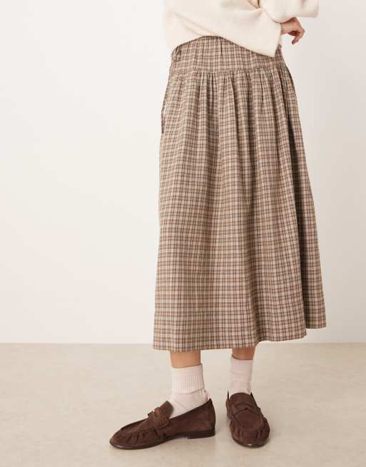 AWARE – Beige och brun kjol med vid design, knytning i midjan och smårutigt mönster, 5 av 5