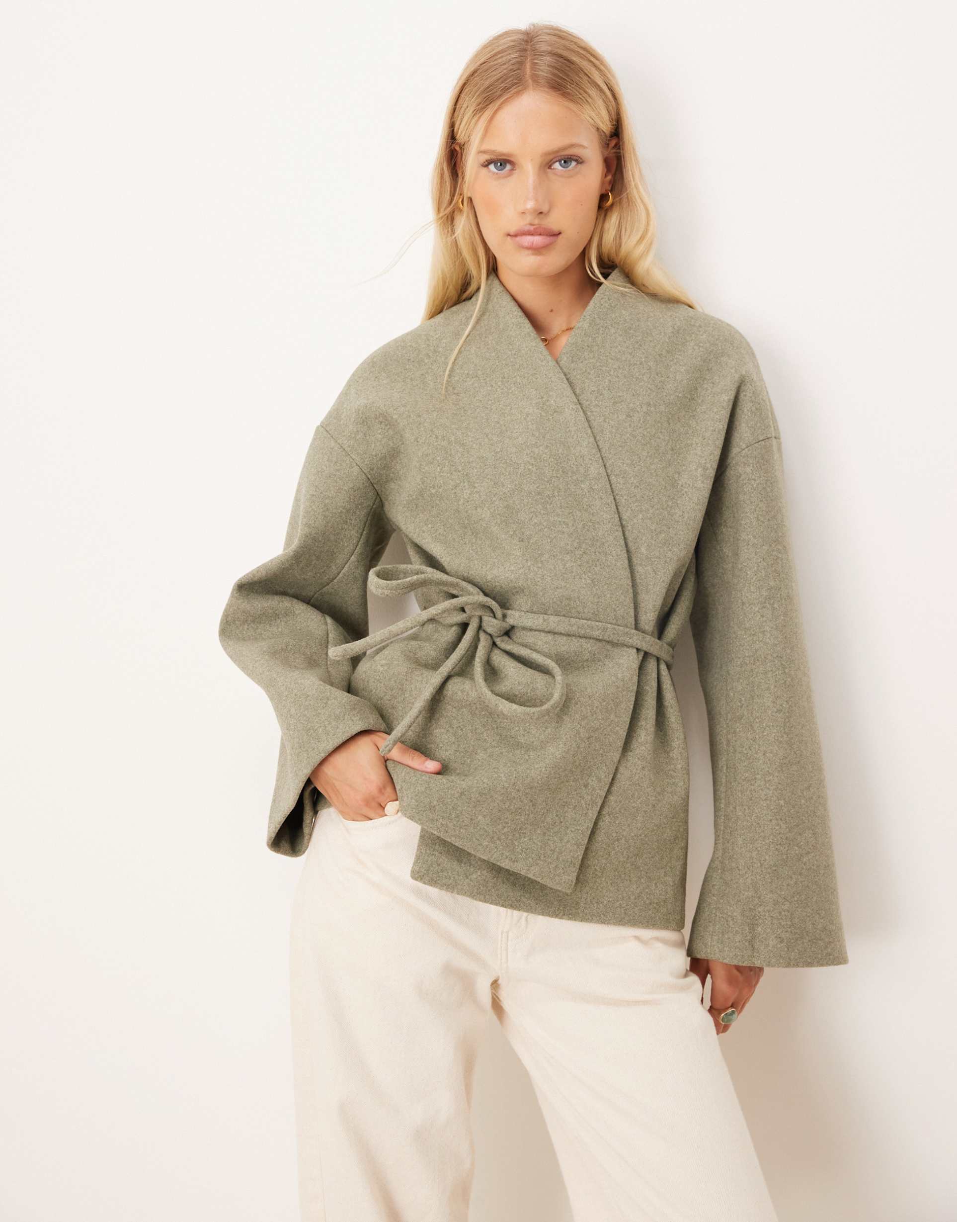 aware belted wrap felted jacket in tea green