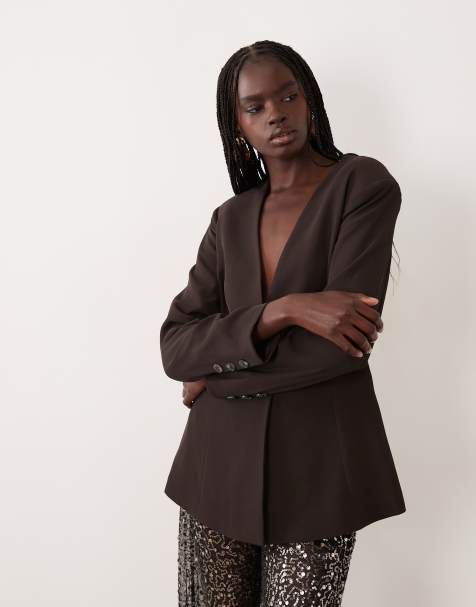 AWARE blazer sartoriale monopetto con scollo a V marrone cioccolato - view 1